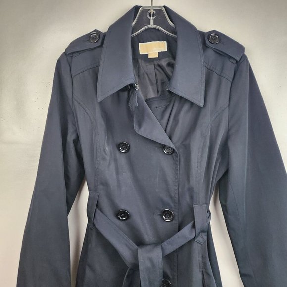 Michael Michael Kors Black Belted Double Breasted Trench Coat Size Medium - Picture 2 of 5